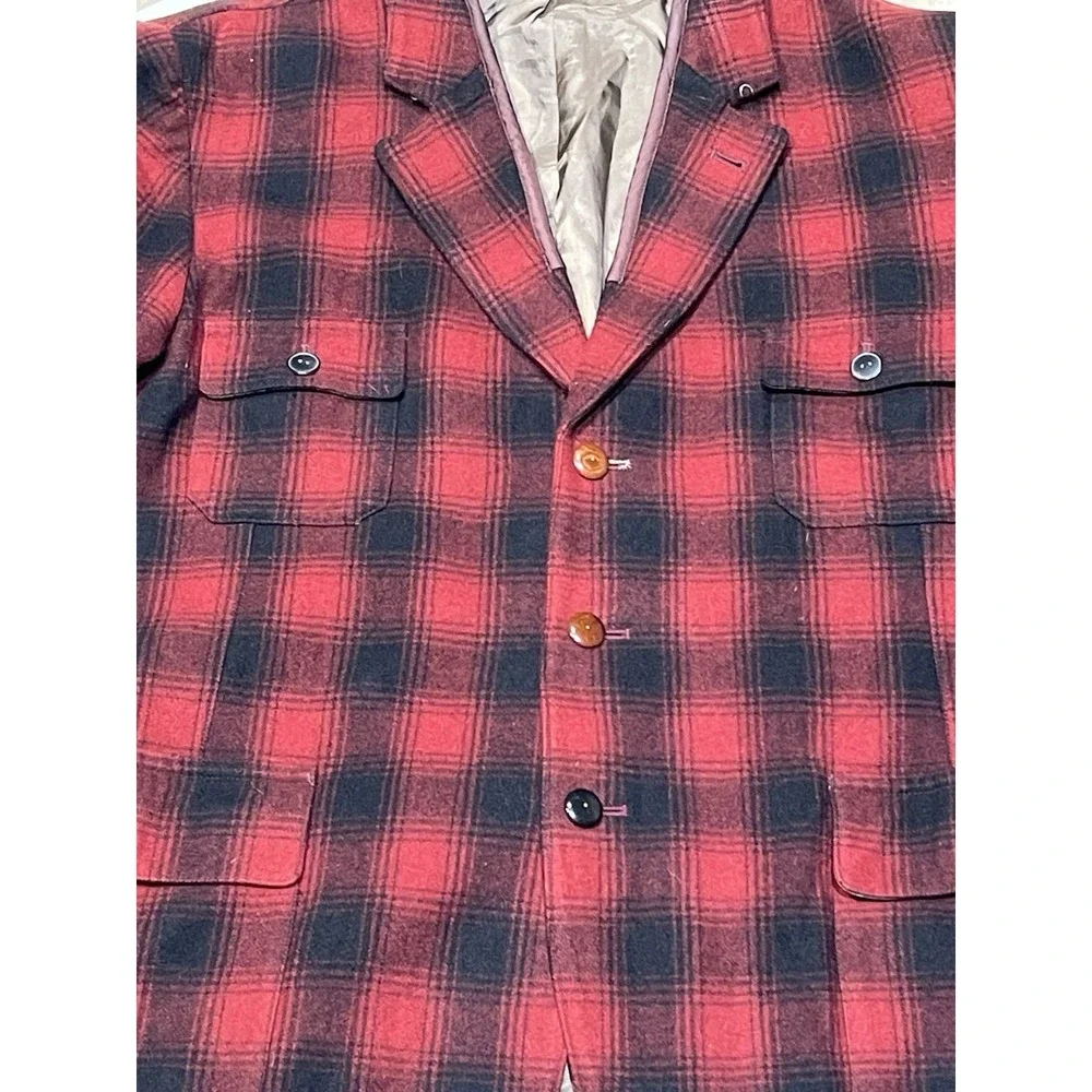 Paul Smith Red Ear Wool Plaid Field Jacket Blazer Men XL Red Black Buffalo Check